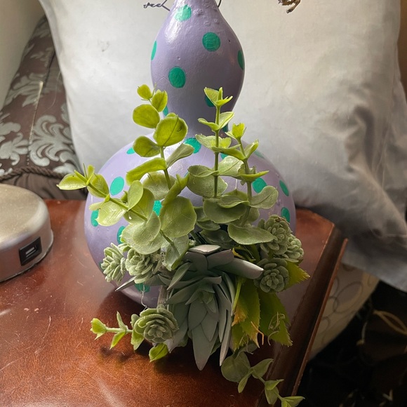 Hand crafted painted dried gourd planter purple aqua blue dots faux succulents - Picture 7 of 16